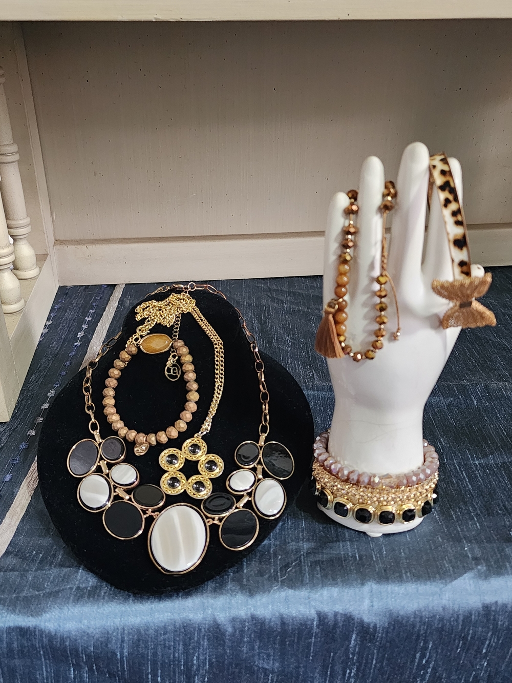 Gold and Black Statement Necklace & Bracelet Set - Women Jewelry
